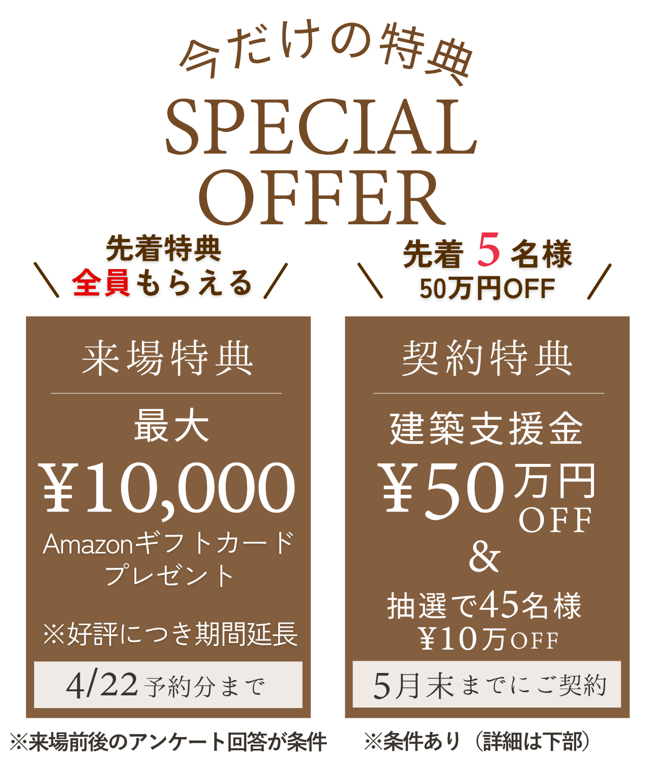 特別オファーのバナー。左は来場特典で最大￥10,000分のAmazonギフトカード、4/22まで。右は契約特典で建築支援金￥50万円OFF＋抽選で45名様￥10万円OFF、5月末まで。