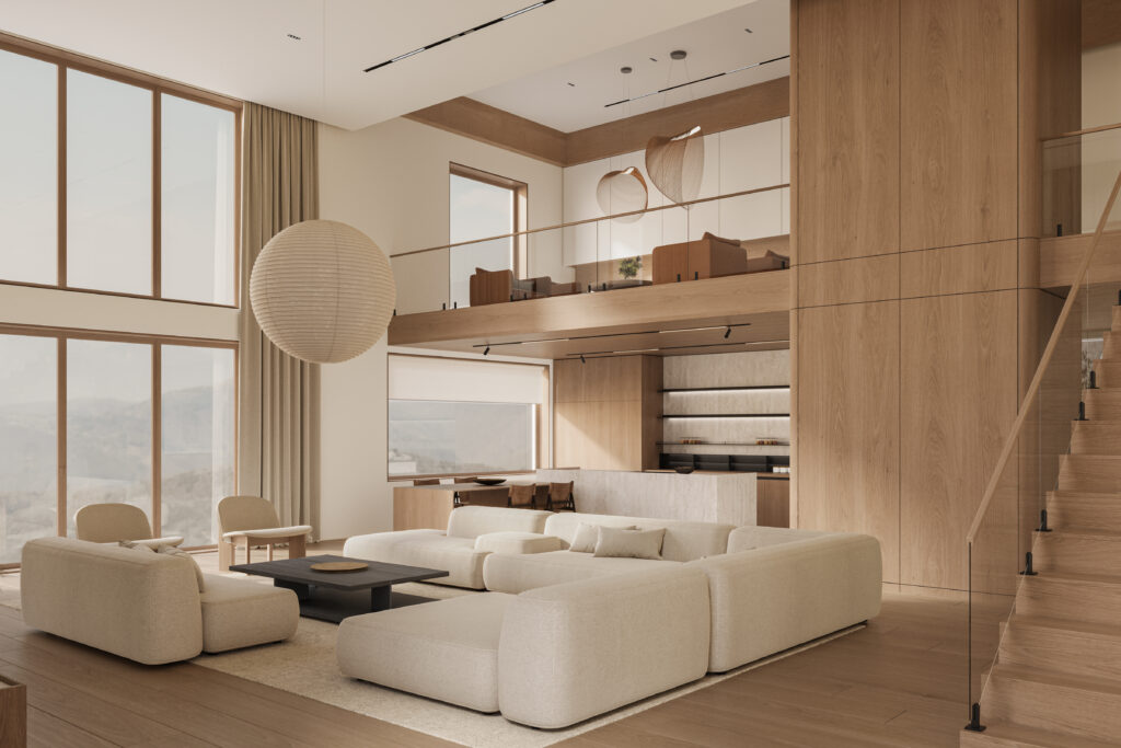 Open space living room and kitchen interior with large windows TV wall gray sofa wood panels and stairs Modern design solution 3d rendering - 住宅AIコンシェルジュ