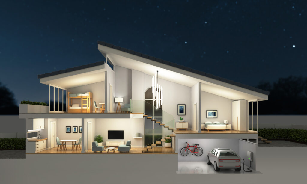 Modern home cross section night scene 3d rendering - 住宅AIコンシェルジュ